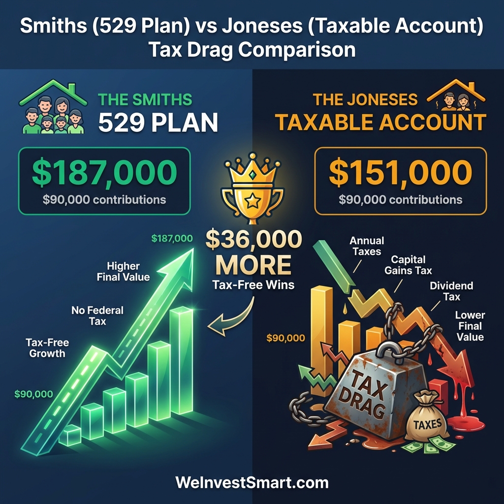 Smiths with 529 plan vs Joneses with taxable account tax drag comparison showing $36,000 advantage from tax-free growth and withdrawals