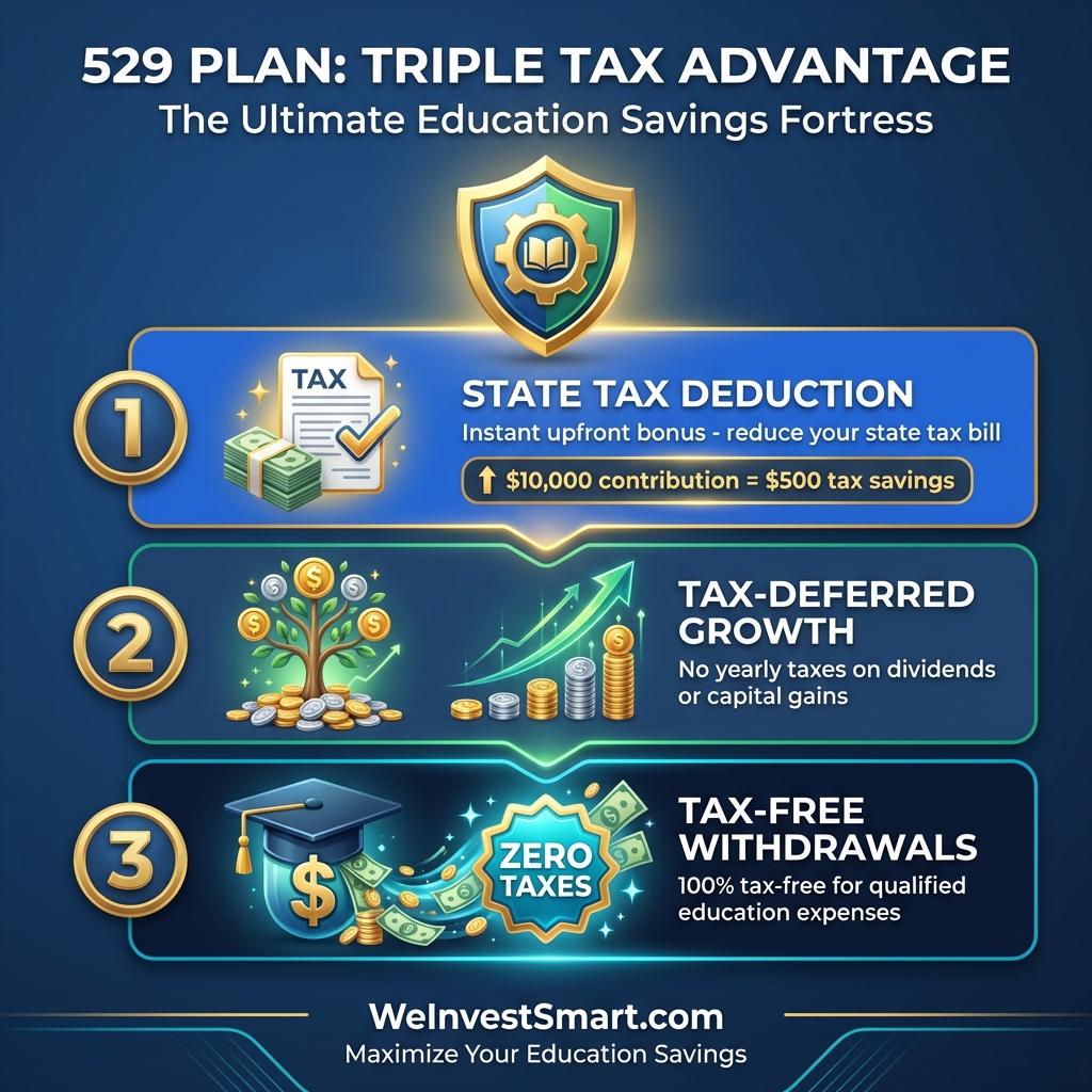 529 Plan Triple Tax Advantage infographic showing state tax deduction, tax-deferred growth, and tax-free withdrawals for education expenses