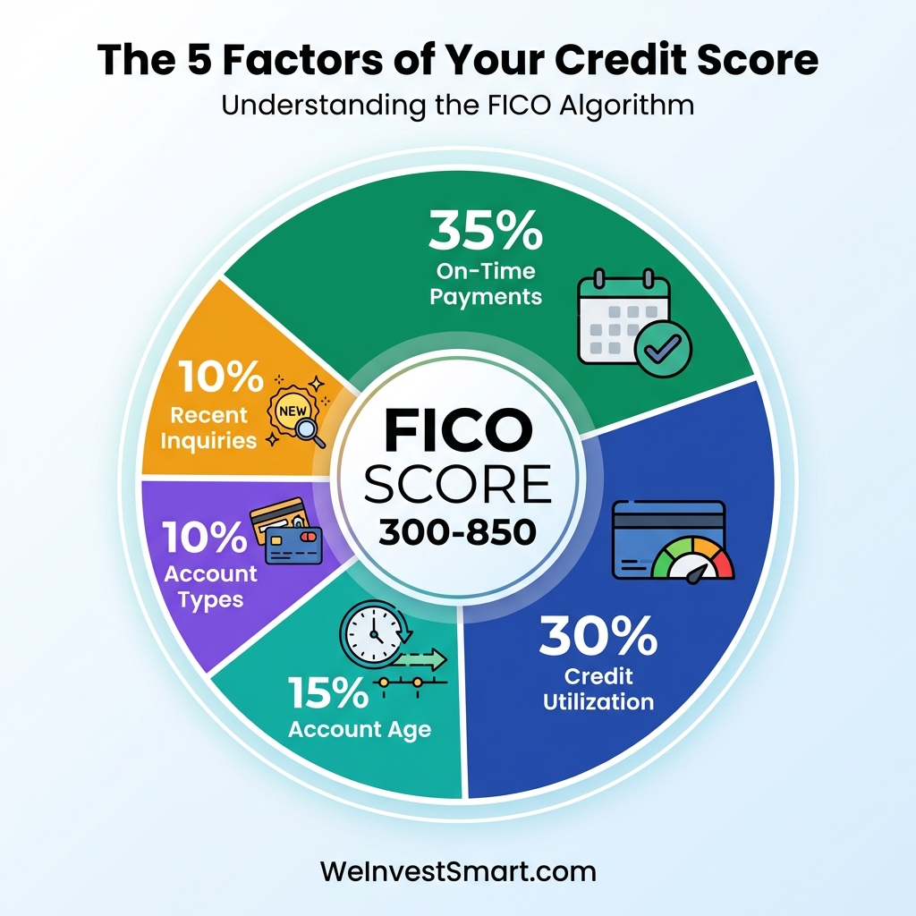The 5 factors of your FICO credit score breakdown: Payment History 35%, Amounts Owed 30%, Length of Credit History 15%, Credit Mix 10%, New Credit 10%