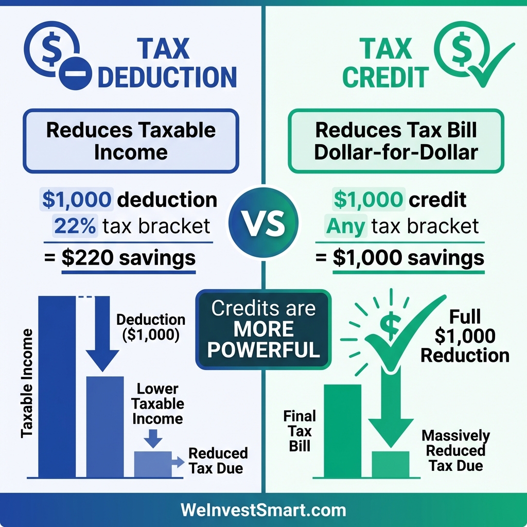 Tax deduction vs tax credit comparison showing that a $1,000 deduction saves $220 (22% bracket) while a $1,000 credit saves $1,000