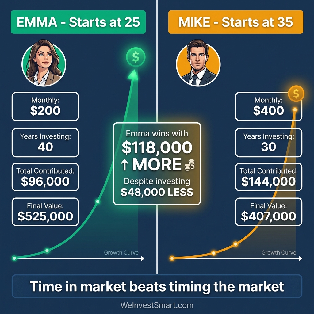 Infographic comparing Emma who starts investing at 25 with $200 monthly vs Mike who starts at 35 with $400 monthly - Emma ends up with $118,000 more despite investing $48,000 less total, demonstrating the power of starting early