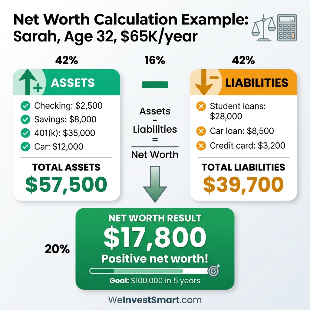 Net worth calculation example showing Sarah's assets ($57,500) minus liabilities ($39,700) equals positive net worth of $17,800 with goal to reach $100,000 in 5 years