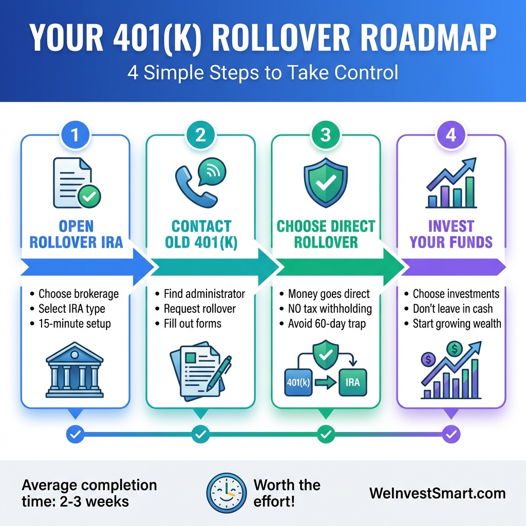 401(k) Rollover Roadmap - 4 simple steps to take control: Open Rollover IRA, Contact Old 401(k), Choose Direct Rollover, and Invest Your Funds