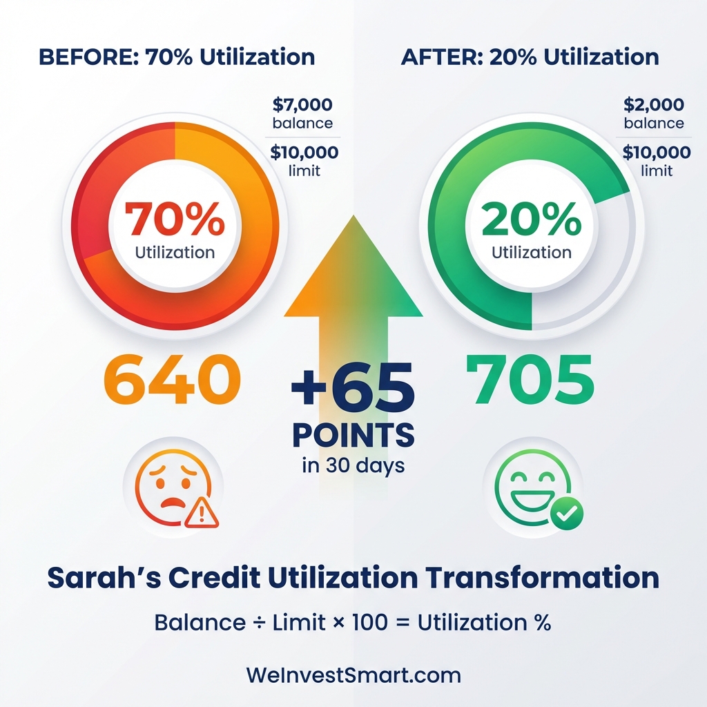 Sarah's credit utilization transformation showing before (70% utilization, 640 score) and after (20% utilization, 705 score) with 65-point increase in 30 days
