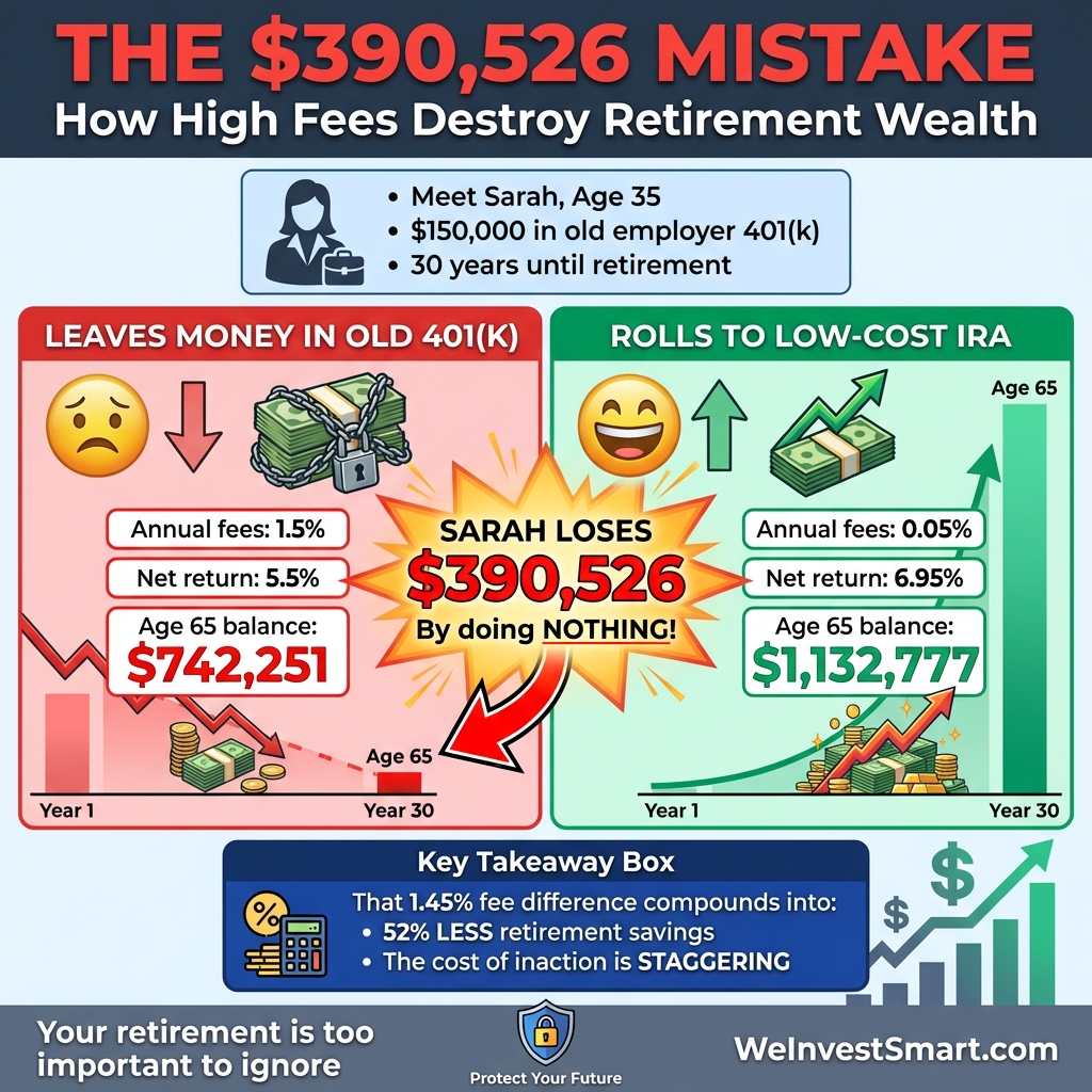 Sarah's $390,526 Fee Impact Case Study - comparing high-fee 401(k) ($742,251) versus low-cost IRA rollover ($1,132,777) over 30 years, showing the dramatic cost of inaction