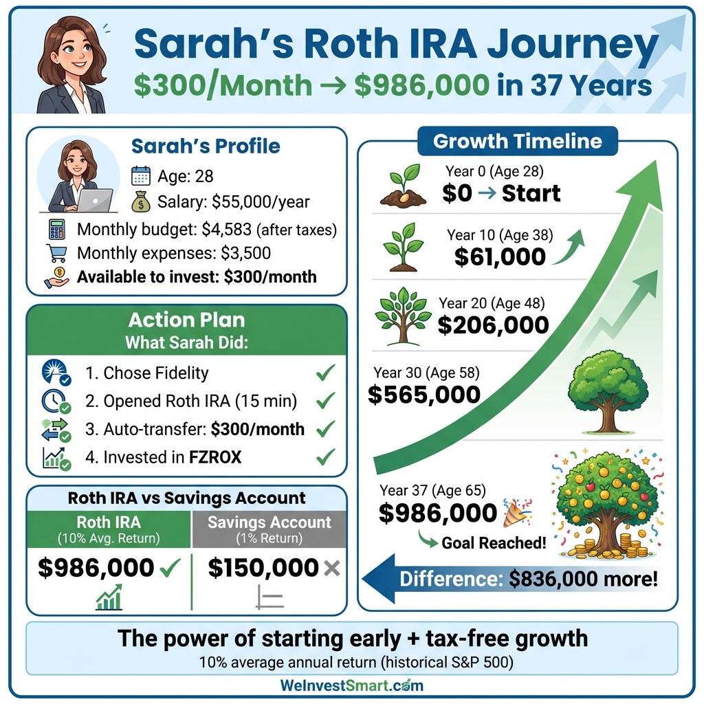 Case study infographic of Sarah's Roth IRA journey - investing $300 per month grows to $986,000 in 37 years with compound interest and tax-free growth