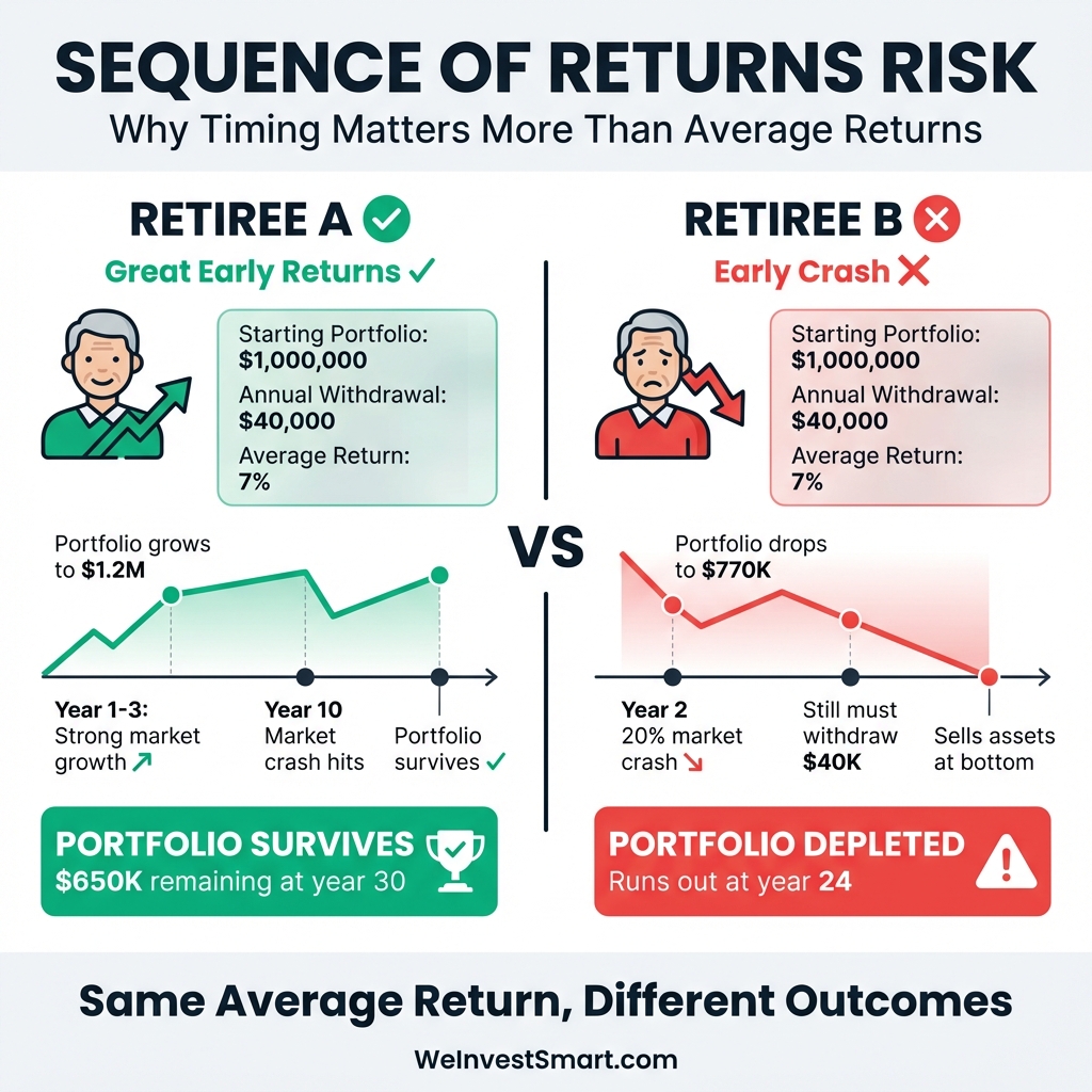 Sequence of returns risk comparison infographic showing Retiree A with great early returns survives with $650K at year 30, while Retiree B with early market crash runs out of money at year 24, despite same average returns