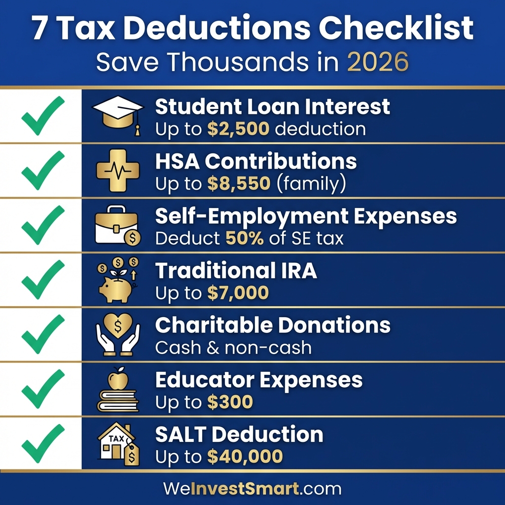 7 tax deductions checklist infographic showing student loan interest, HSA contributions, self-employment expenses, traditional IRA, charitable donations, educator expenses, and SALT deduction with contribution limits for 2026